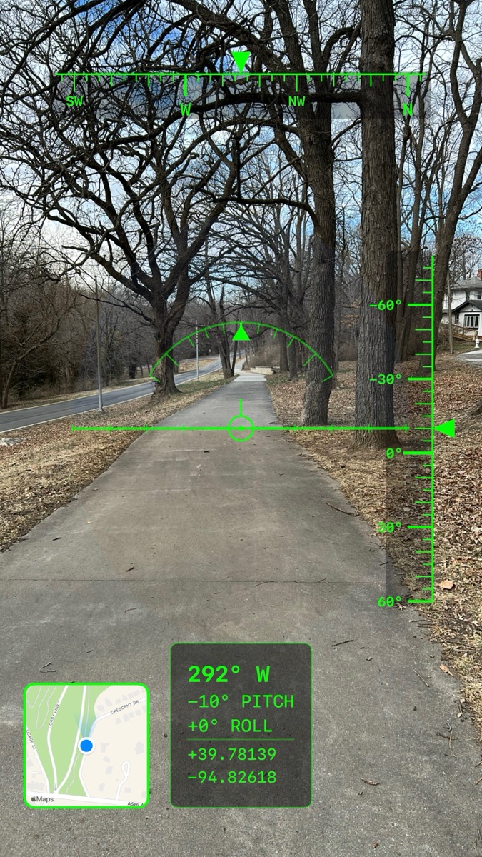 Tree-lined path captured with Compass Capture showing heading, tilt, GPS coordinates, and map overlay