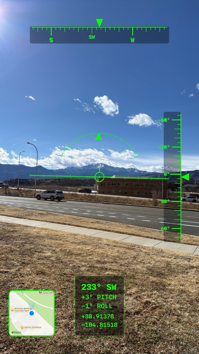 Road with mountain view captured with Compass Capture showing heading, tilt, GPS coordinates, and map overlay